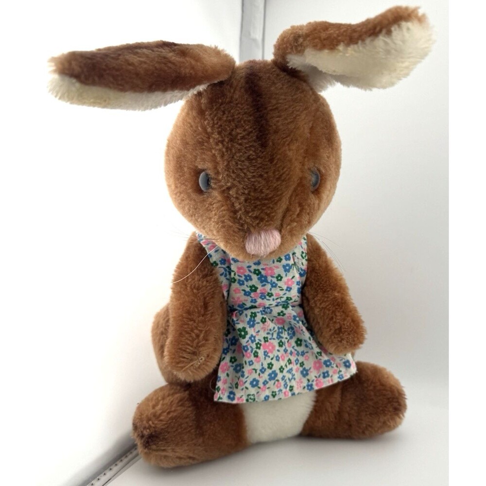 Vtg Dakin Brown Bunny Rabbit Plush Easter Floral Apron Bib 1975